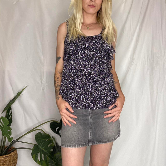 Y2K purple floral ruffle mesh top