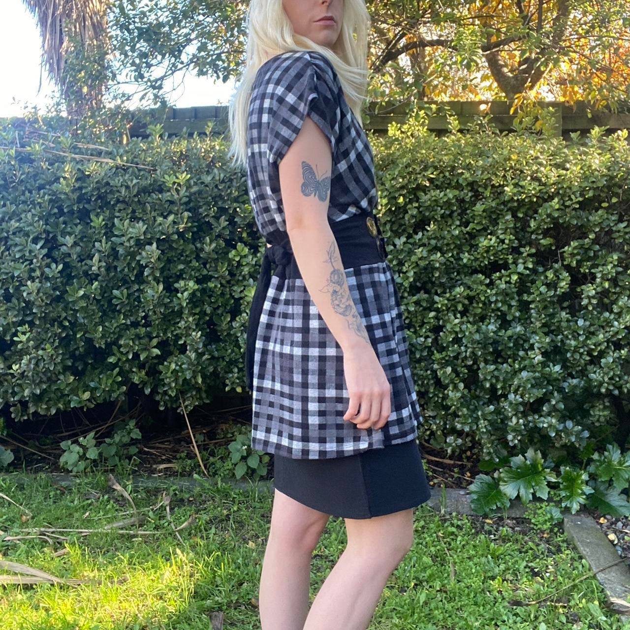 Grey and black plaid Y2K Ignite babydoll top with black belt