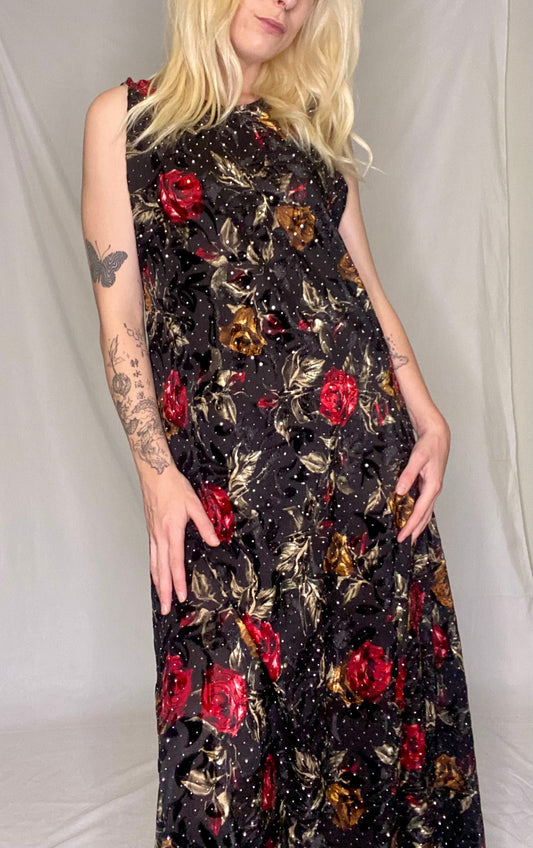 Stunning 90s Black floral sequin maxi dress