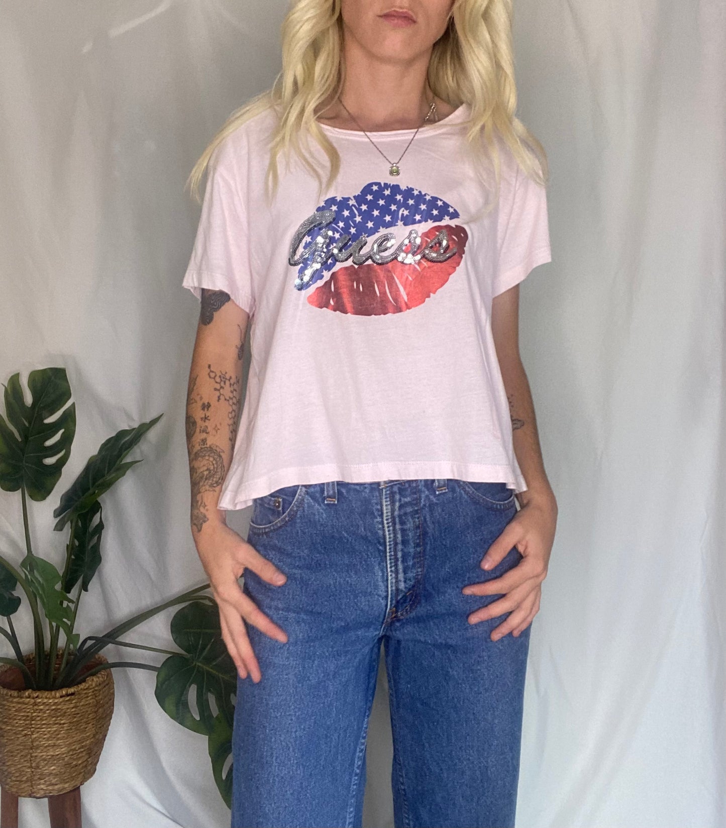 Y2K Guess white cotton top with red and blue lips and American flag design