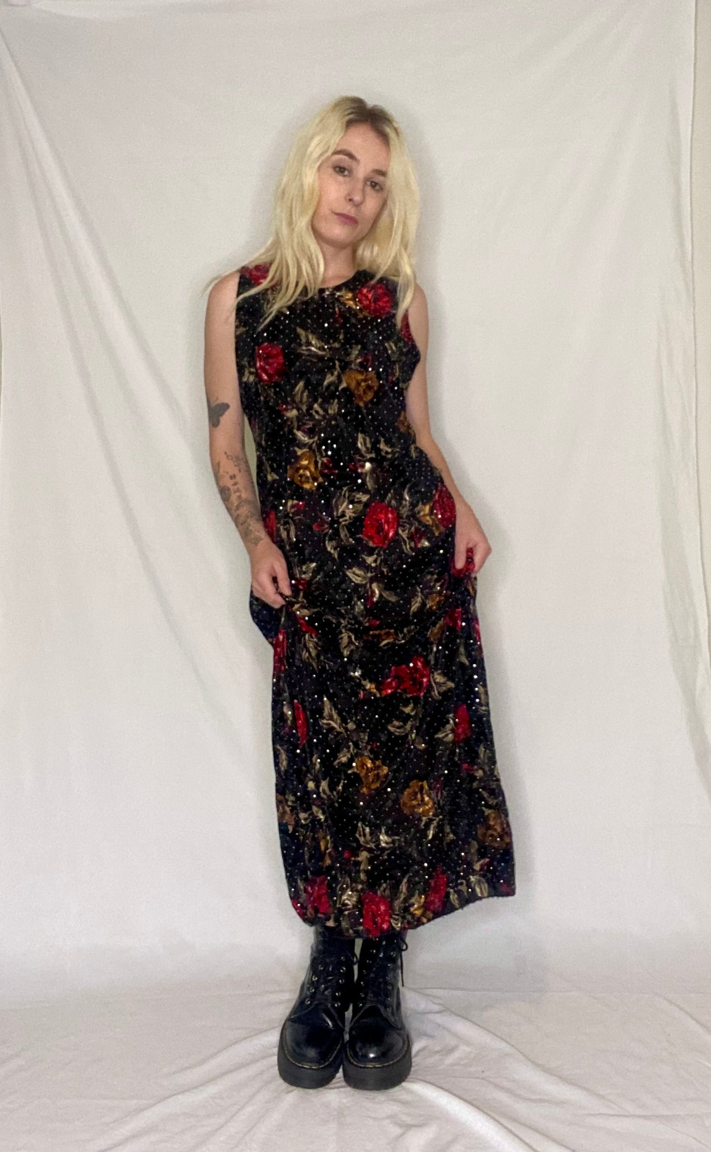 Stunning 90s Black floral sequin maxi dress