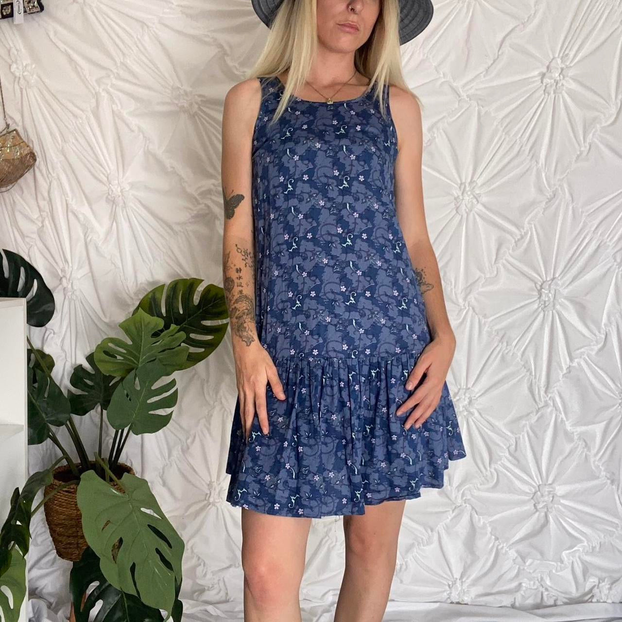 Blue floral printed mini dress with ruffle hem