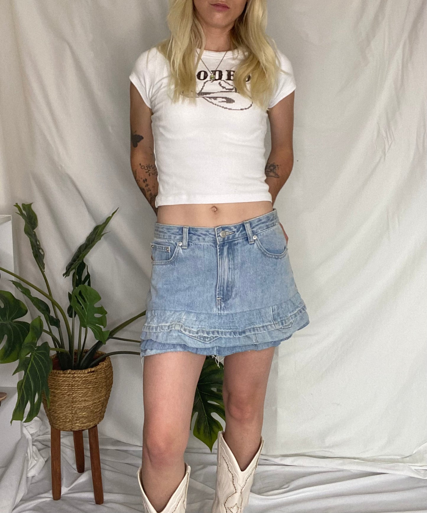 Blue denim 37 Threads reworked mini skirt with ruffles