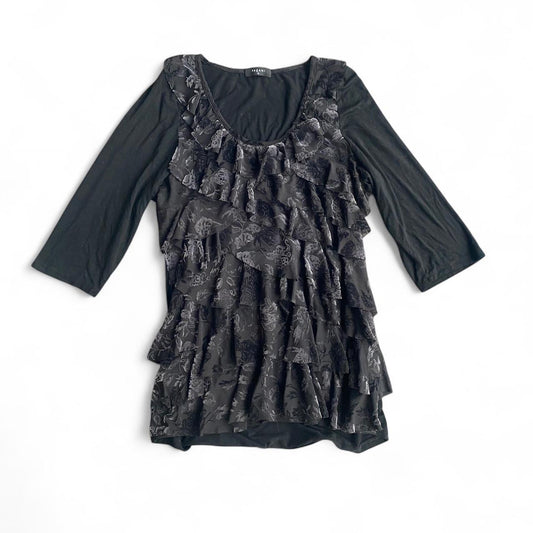 00s 3/4 sleeve black velvet ruffle top
