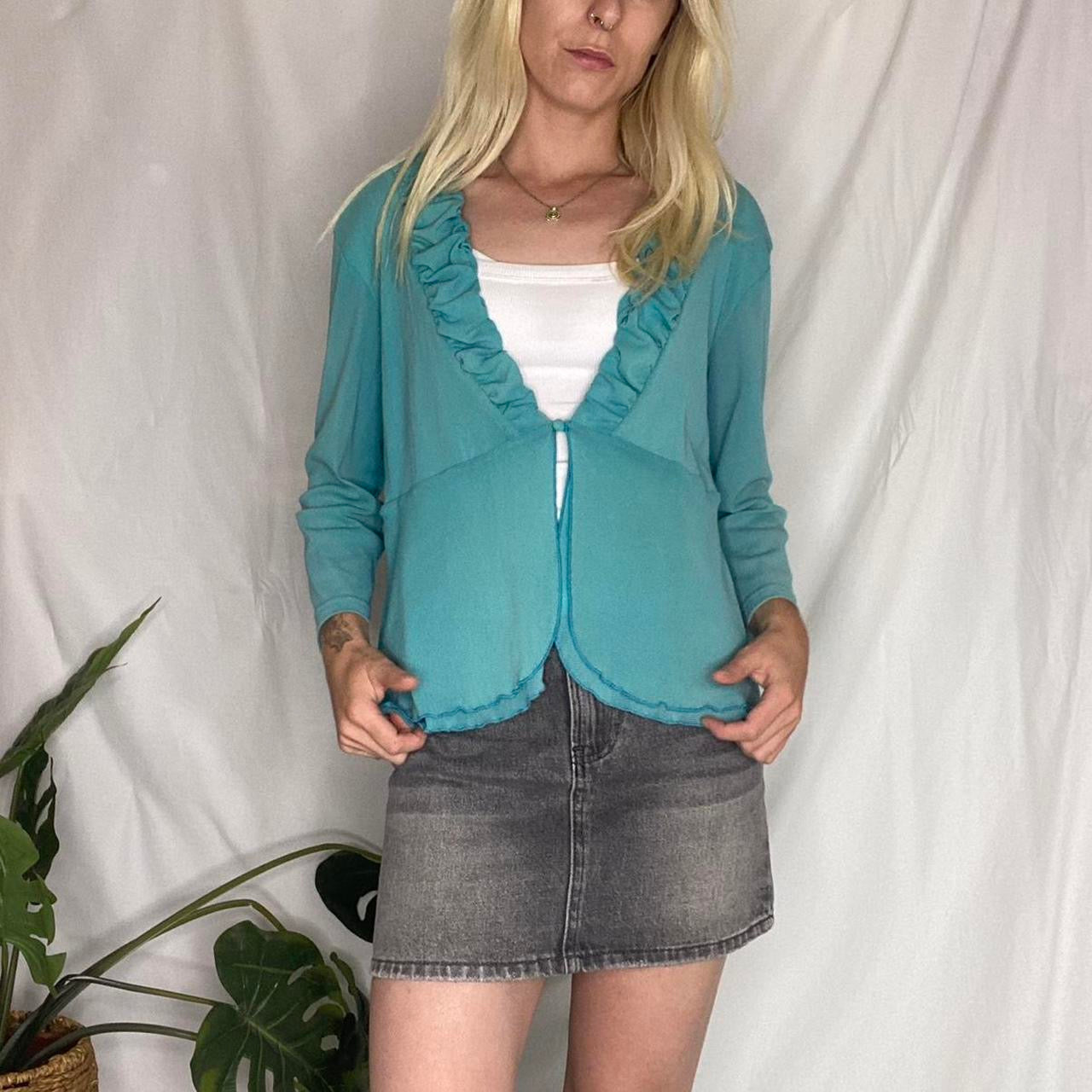Y2K turquoise ruffle split blouse