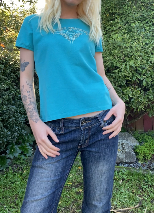 Y2K Harley Davidson Turquoise Baby Tee