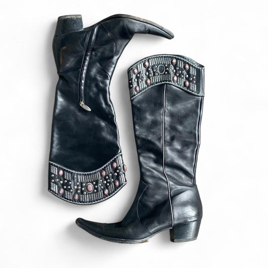 Genuine Vintage Italian Black leather knee high cowgirl boots!!