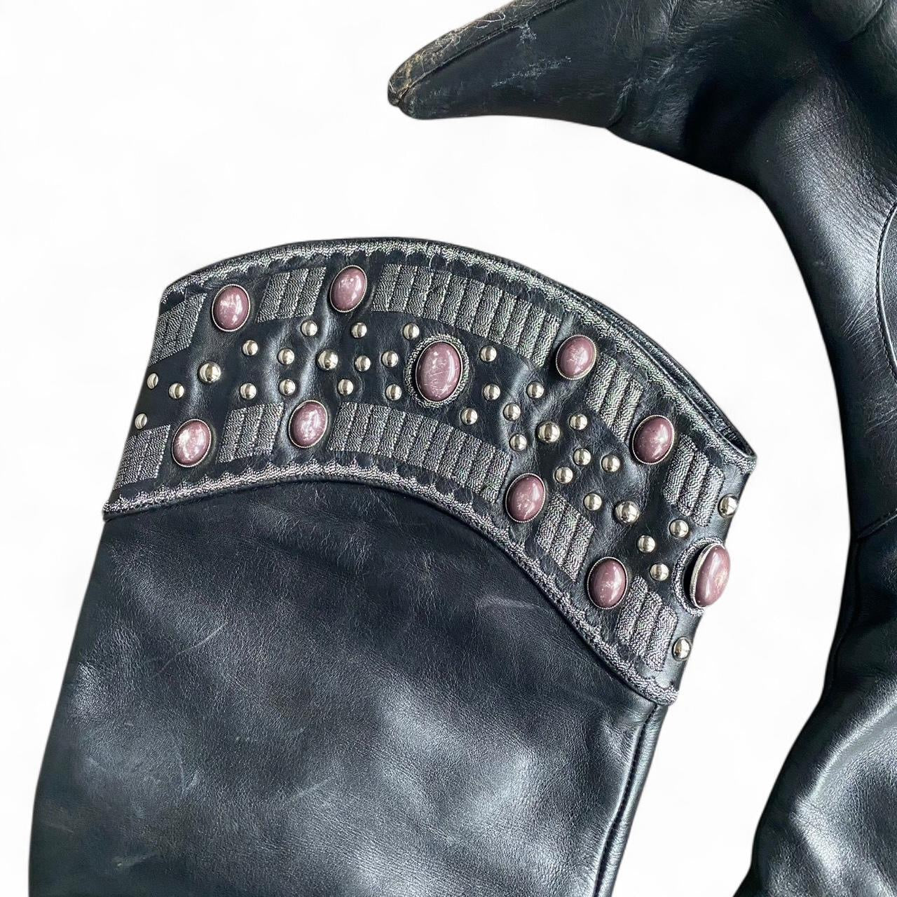Genuine Vintage Italian Black leather knee high cowgirl boots!!