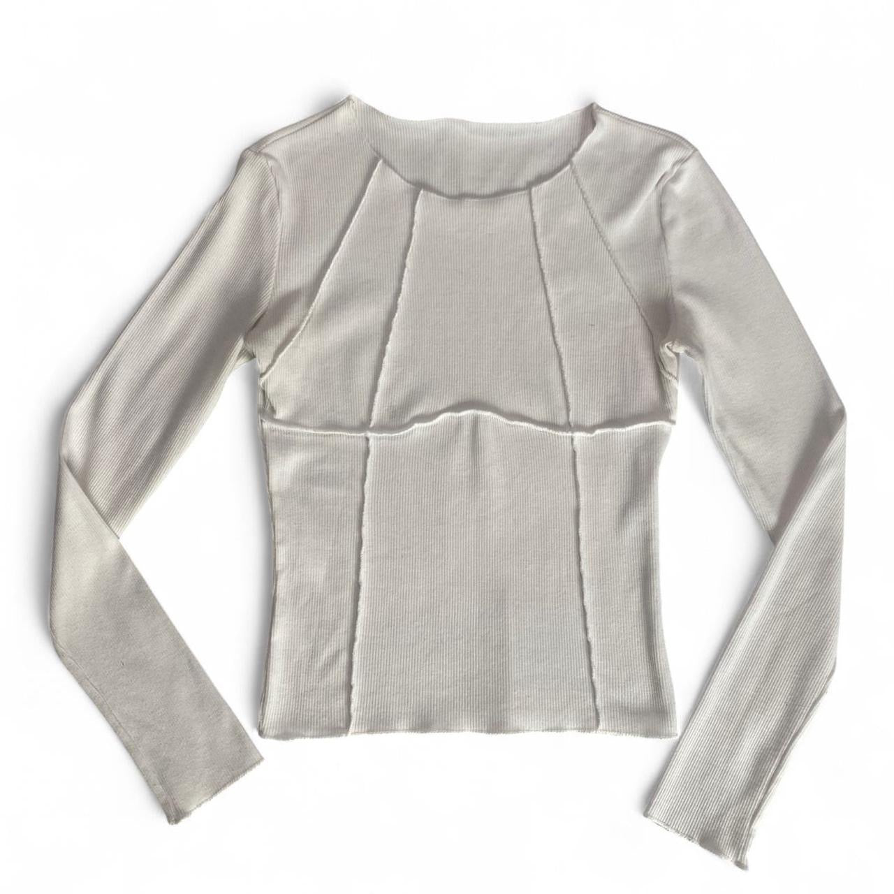 White patchwork look long sleeve ribbed top