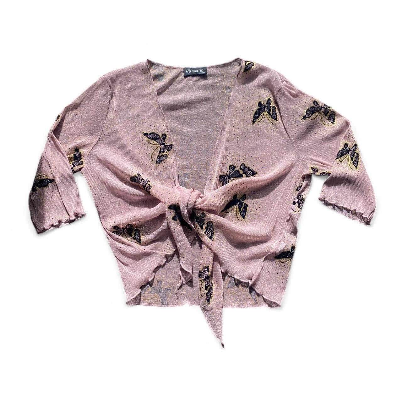 Y2K Pink butterfly print sparkly cardigan with tie front