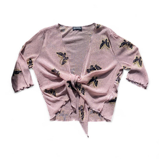 Y2K Pink butterfly print sparkly cardigan with tie front