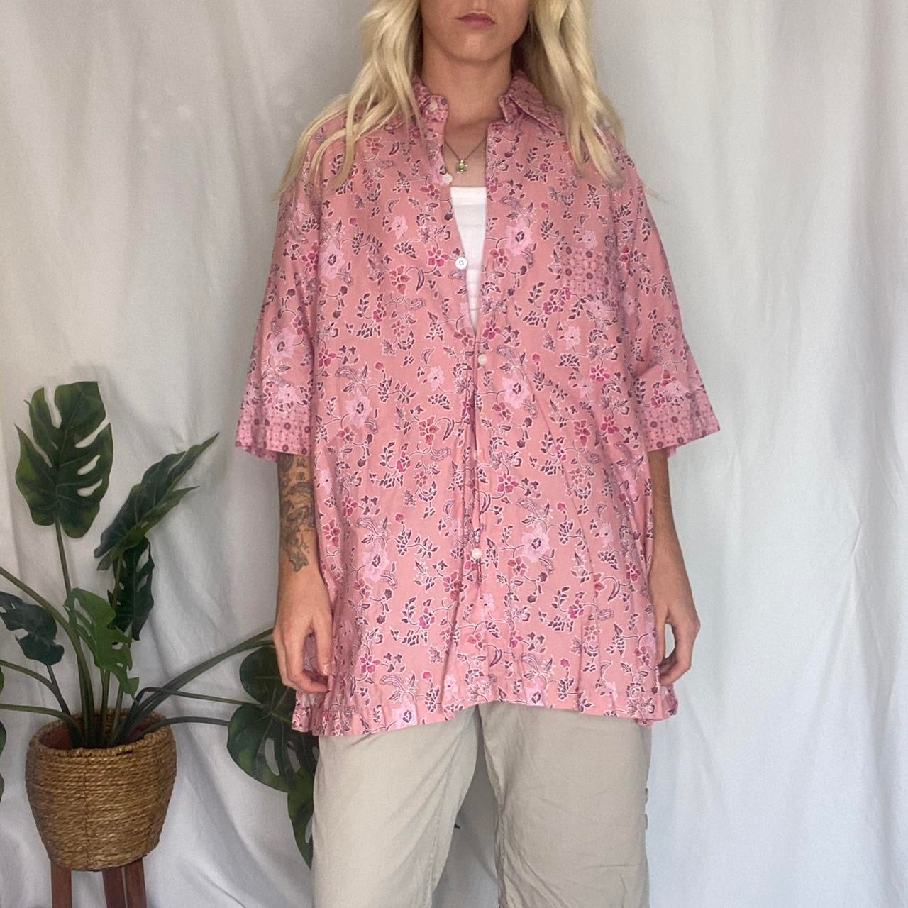 Pink floral button up t-shirt