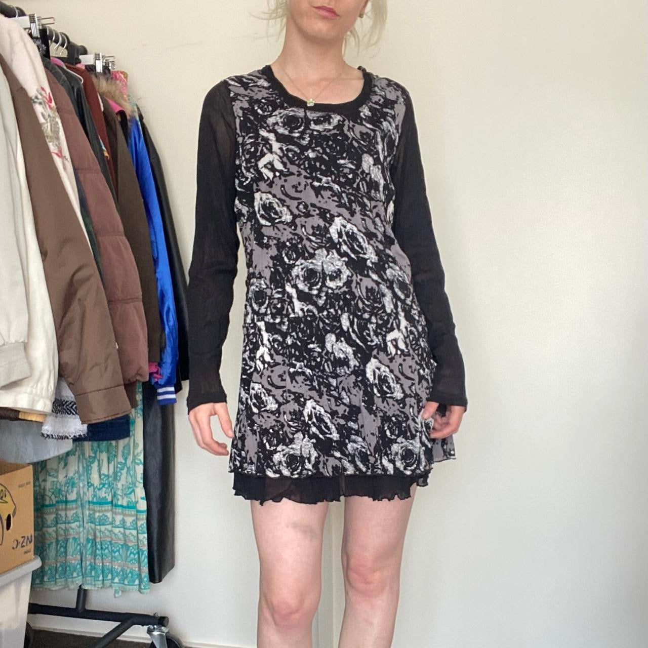 Beautiful Black & grey floral print dress with ruffle hem