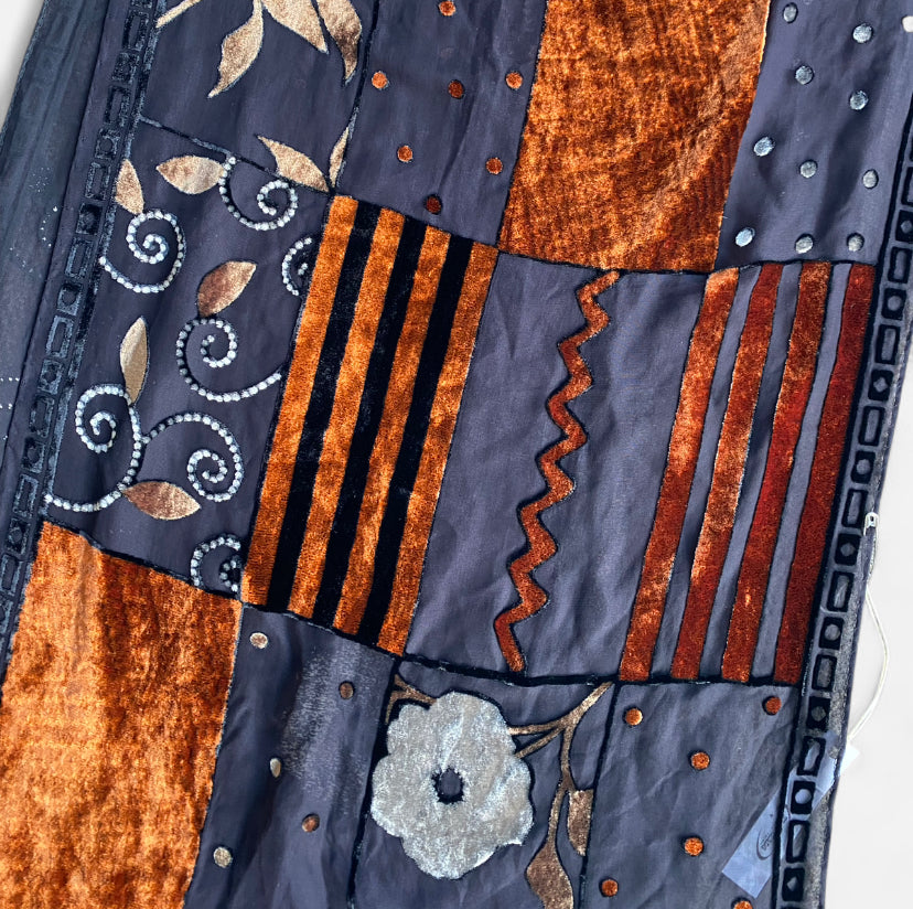 Beautiful Vintage Black and orange velvet patchwork scarf