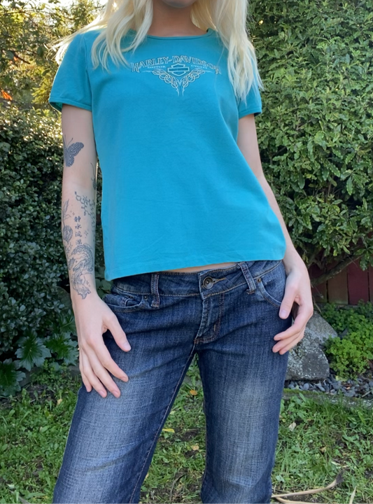 Y2K Harley Davidson Turquoise Baby Tee