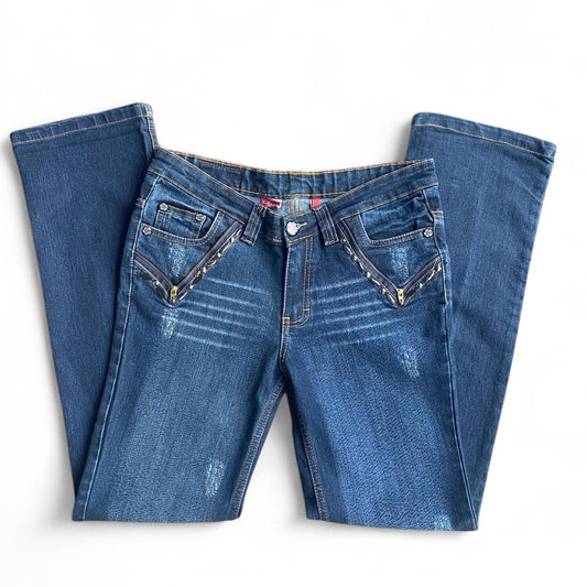 Y2K Mid-rise bootcut jeans with cool zipper details and embroidery