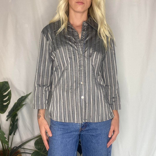 90s grey and blue stripe fitted button up
