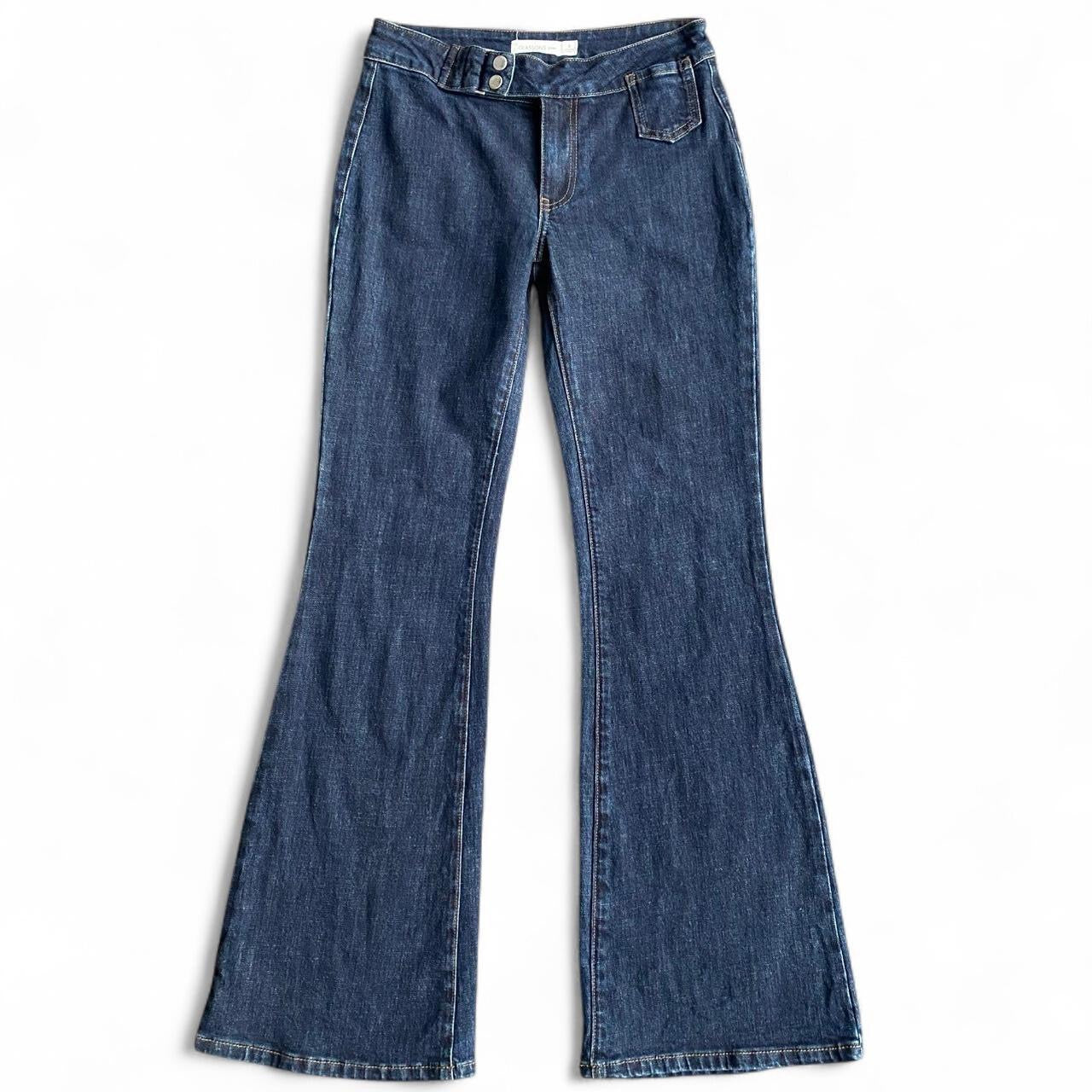 Low-rise flare jeans with button belt detail