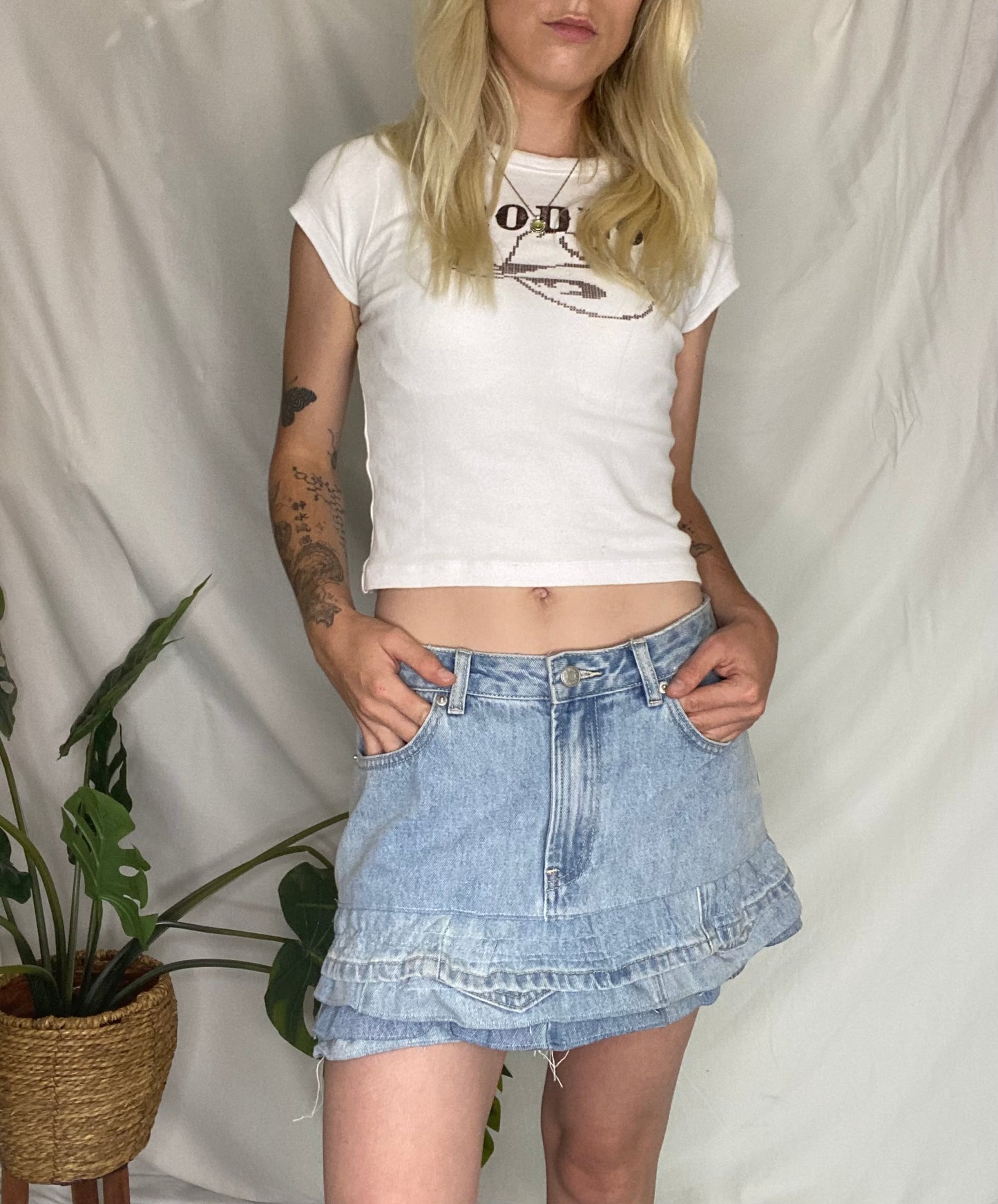 Blue denim 37 Threads reworked mini skirt with ruffles