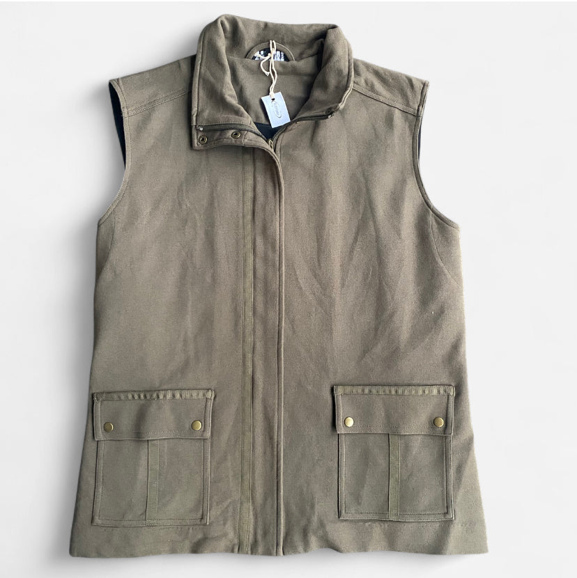 Khaki green vintage army girl zip up vest with pockets