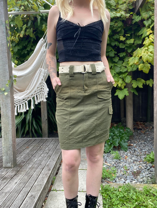 Khaki green knee length cargo skirt with belt