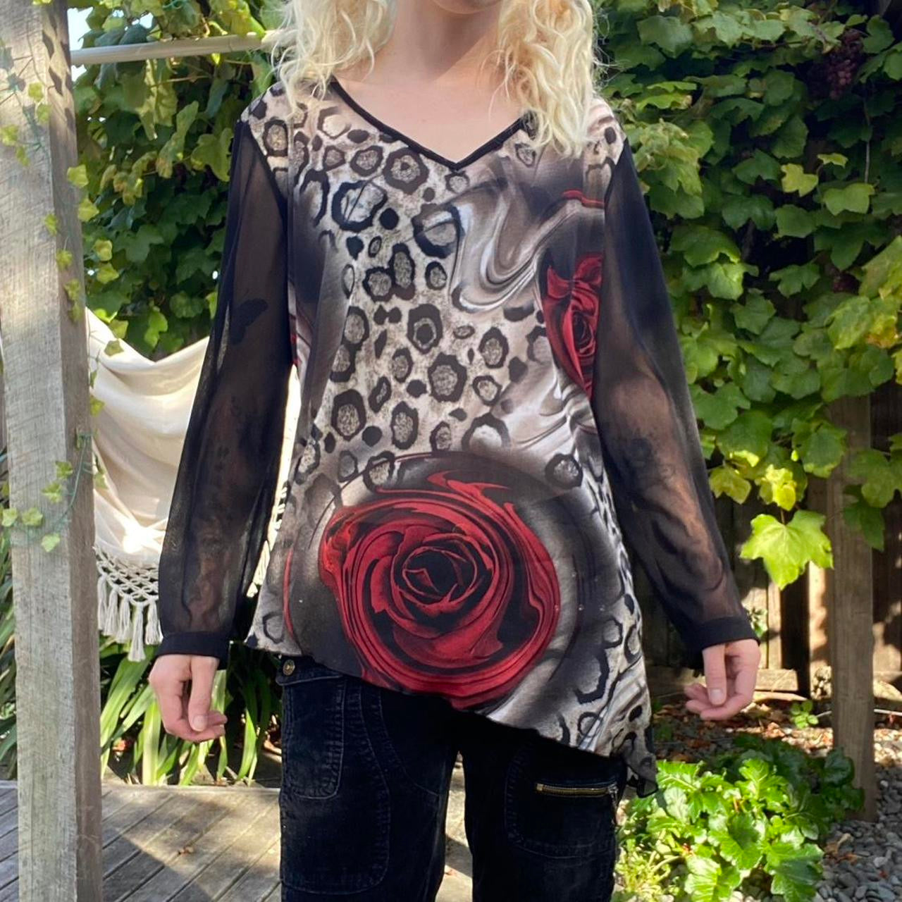Cool 00s Rose and Leopard Print Asymmetrical Top