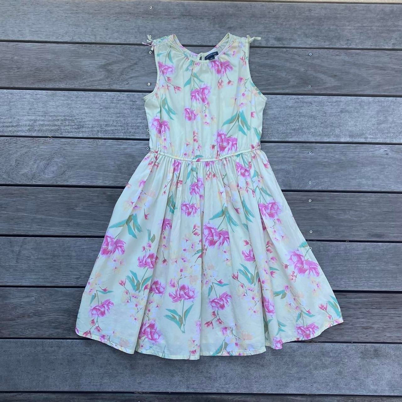 Baby yellow floral summer dress with pink flowers