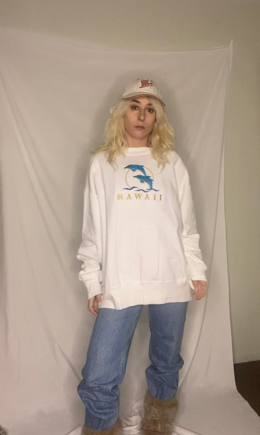 White vintage 90s embroidered Hawaii dolphin crewneck sweatshirt