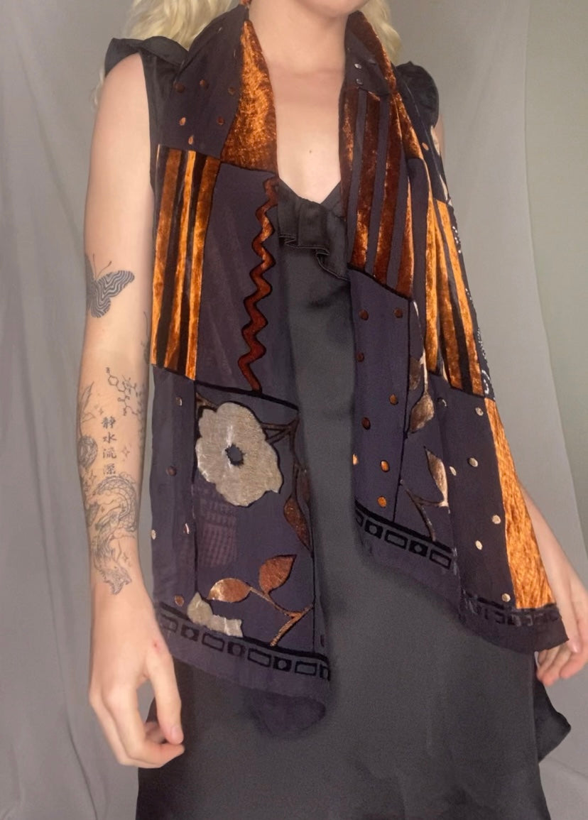 Beautiful Vintage Black and orange velvet patchwork scarf