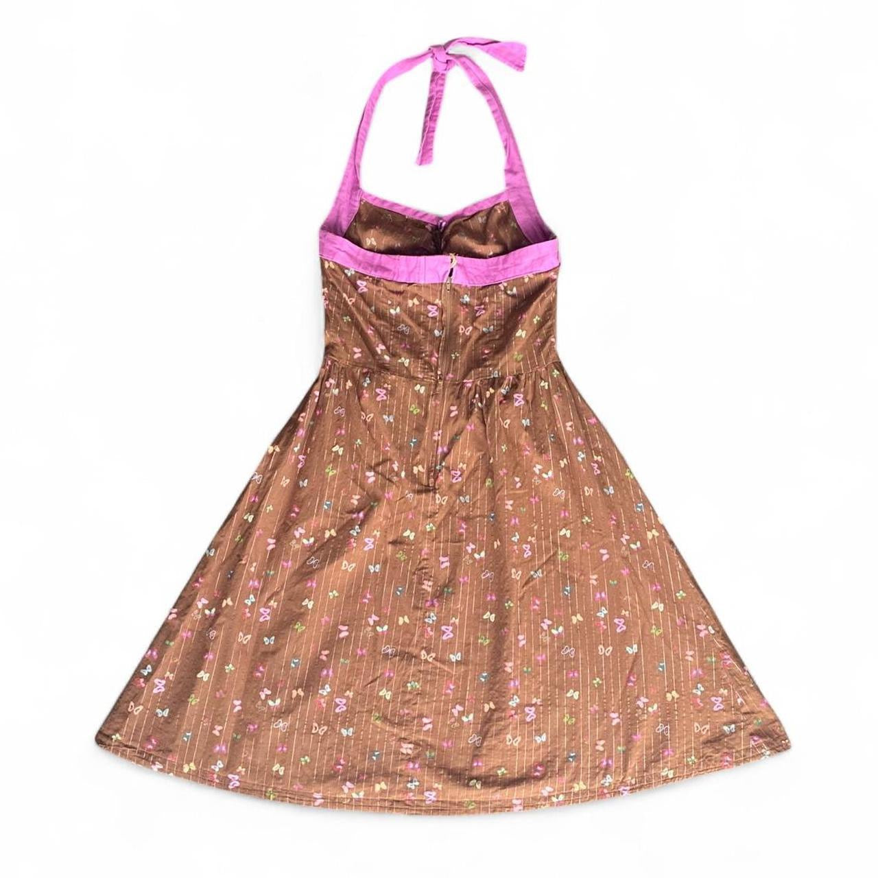 Y2K style brown halter dress with cute butterfly print