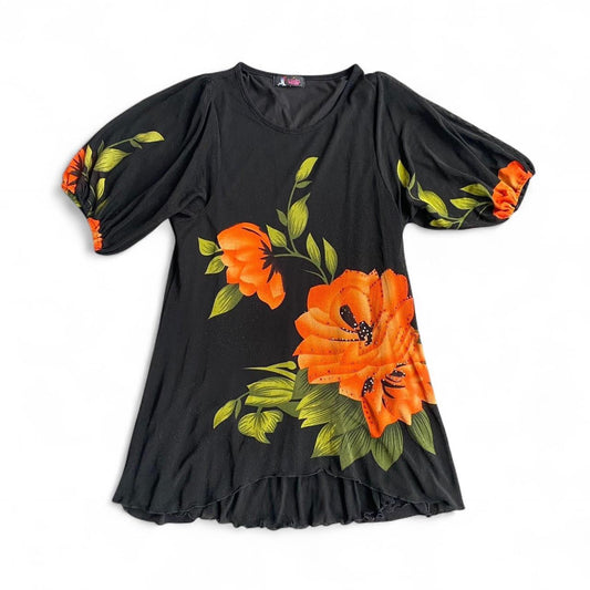 00s mesh Black mini dress with orange floral print
