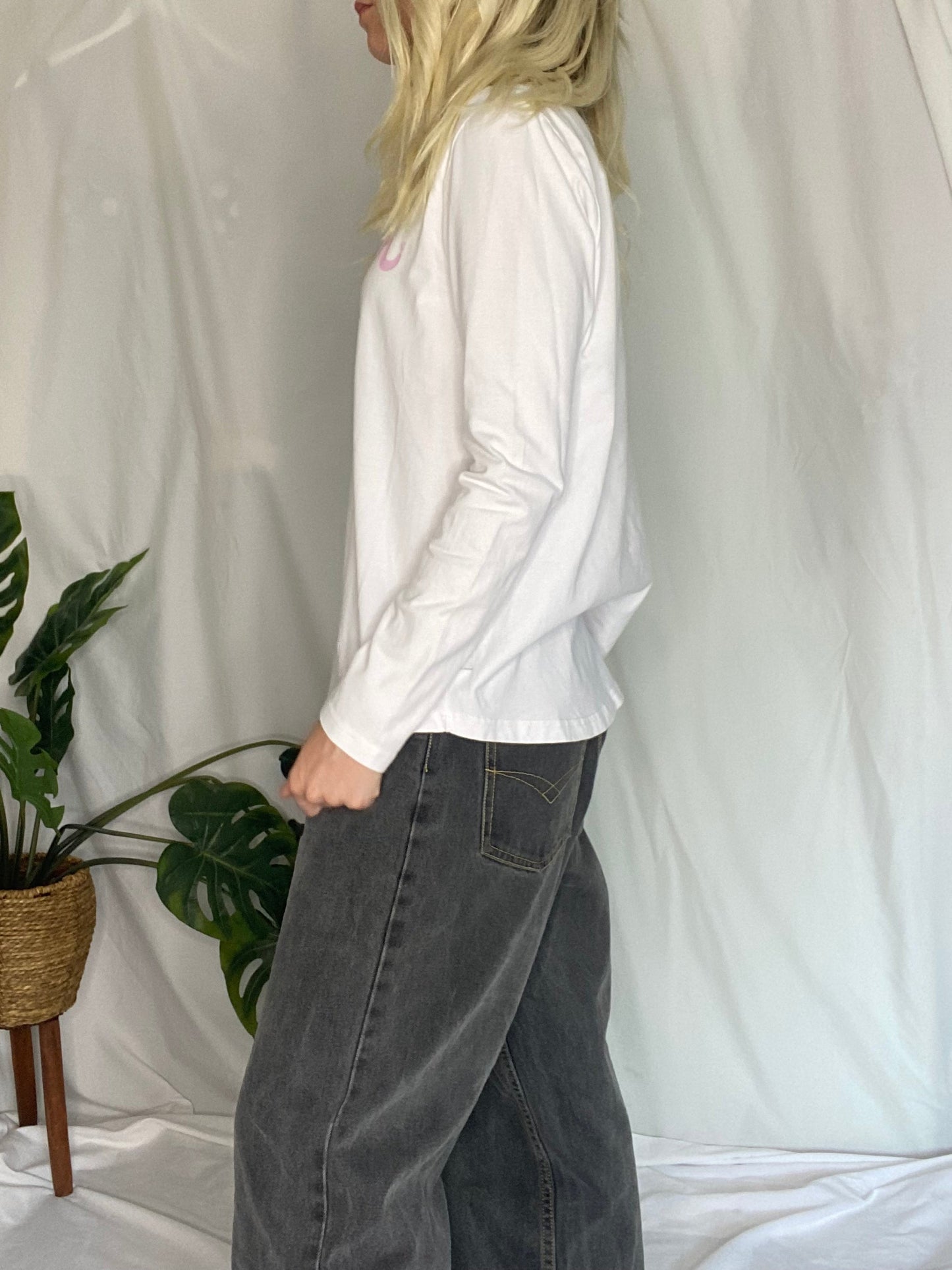 Huffer white long sleeve top with pink logo