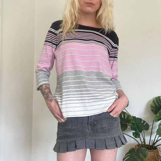 Cute pink, grey and black striped 3/4 sleeve top