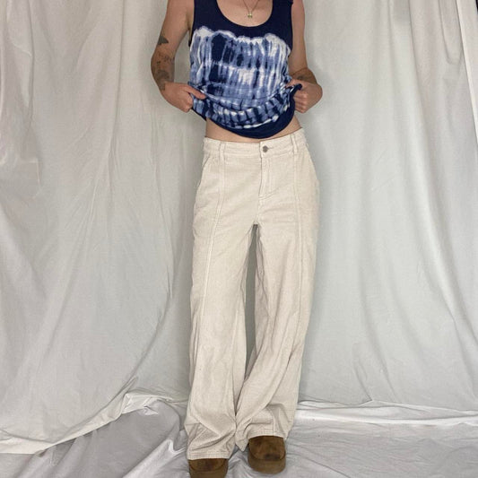 Cream corduroy mid rise wide leg pants