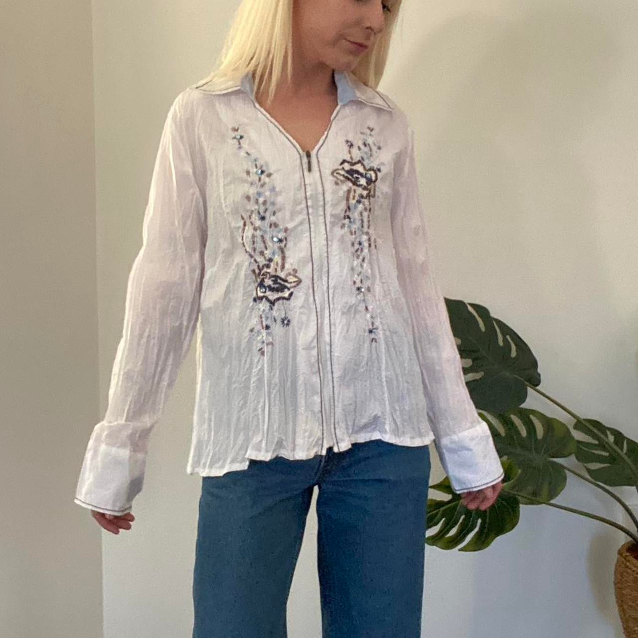 Y2K white ruched zip up blouse with amazing beading