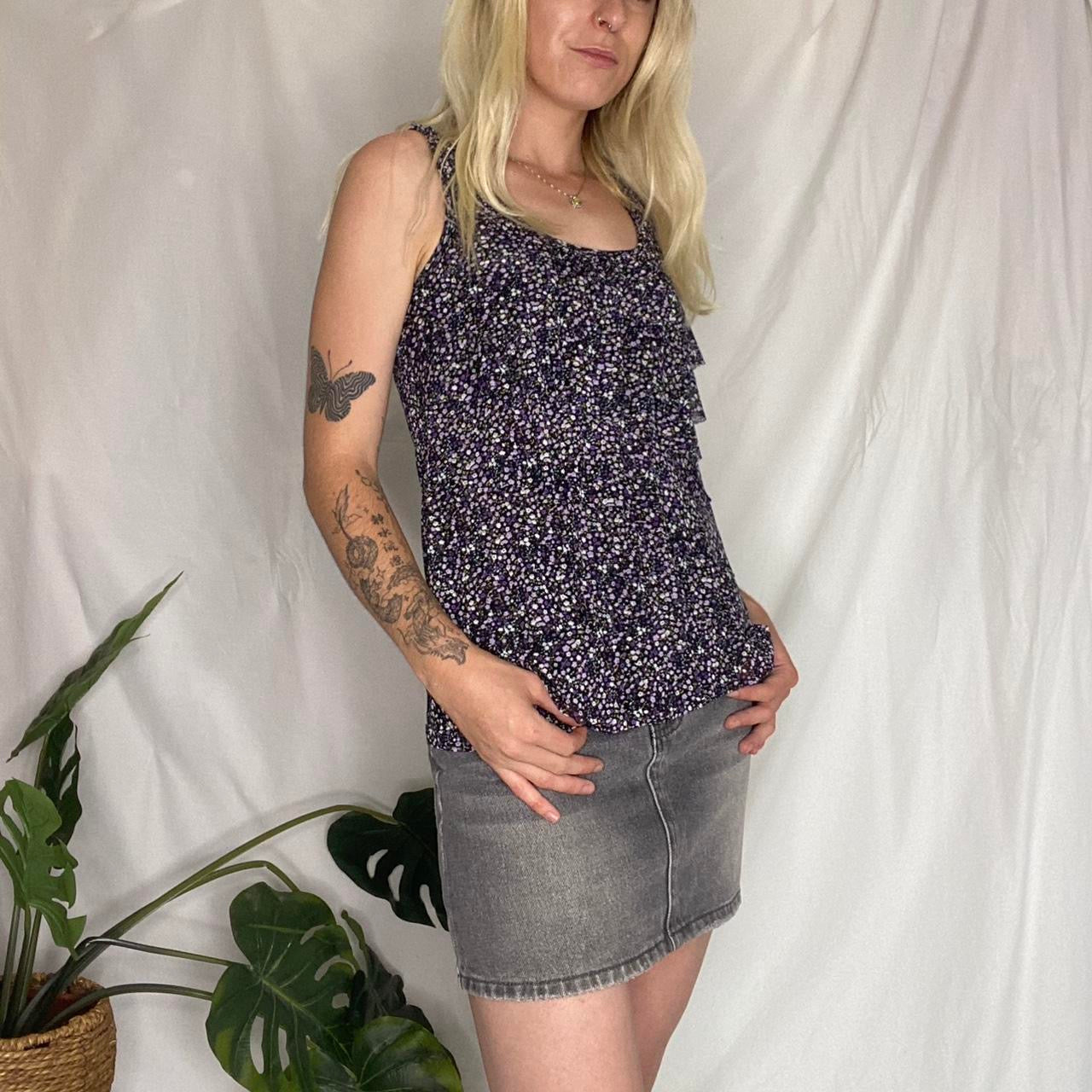 Y2K purple floral ruffle mesh top