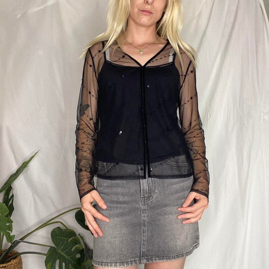 Y2K Sparkly black mesh sequin blouse