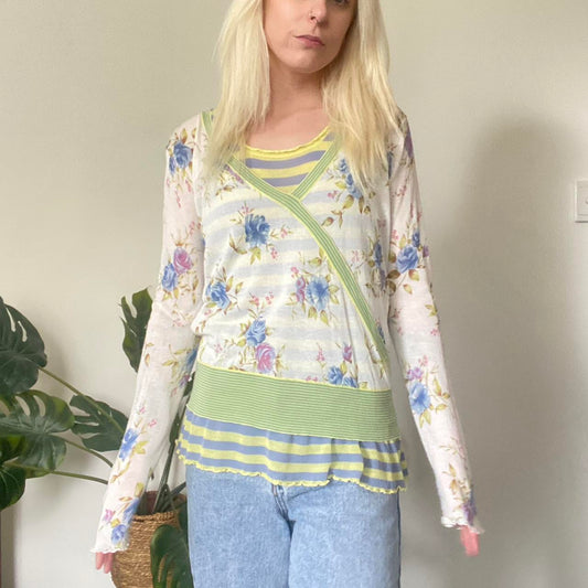 Y2K layered fairy floral top with ruffle hem