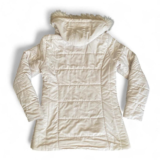 Cream puffer jacket with faux fur hood