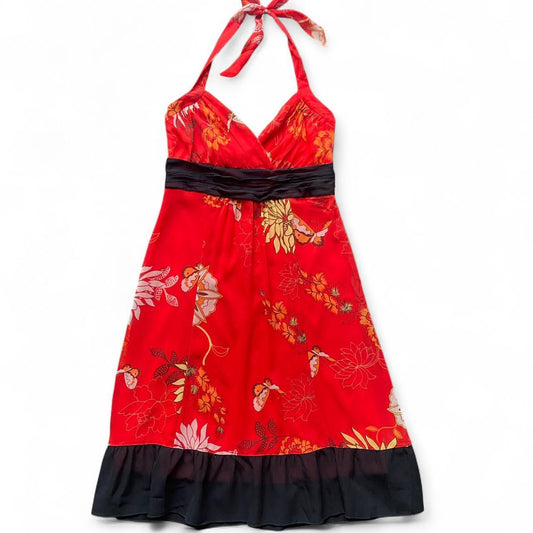 Gorgeous Y2K Red floral Babydoll halter dress with black ruffle trim