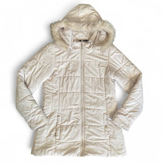 Cream puffer jacket with faux fur hood