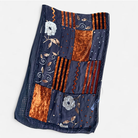 Beautiful Vintage Black and orange velvet patchwork scarf
