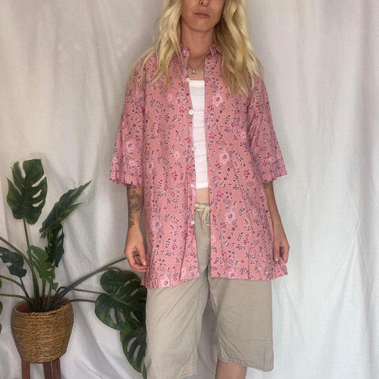 Pink floral button up t-shirt