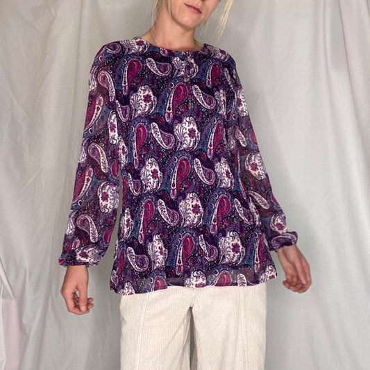 Purple paisley print boho blouse with tie up front