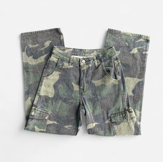 Camo print straight leg jeans with cargo pockets