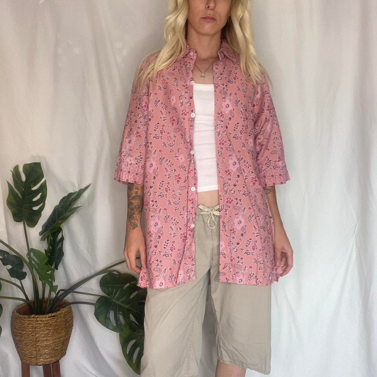 Pink floral button up t-shirt