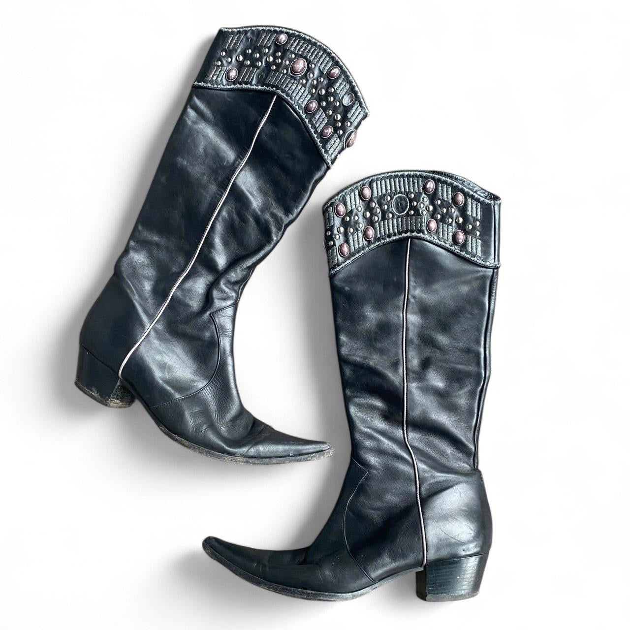 Genuine Vintage Italian Black leather knee high cowgirl boots!!