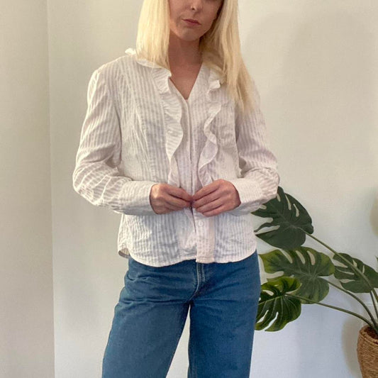 Cute vintage pinstripe cream and white ruffle blouse