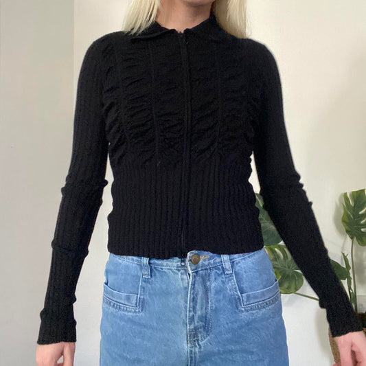 Y2K Black ruched turtleneck zip up top