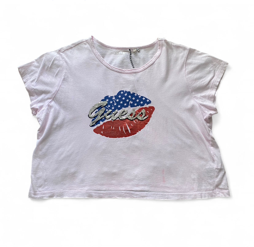 Y2K Guess white cotton top with red and blue lips and American flag design